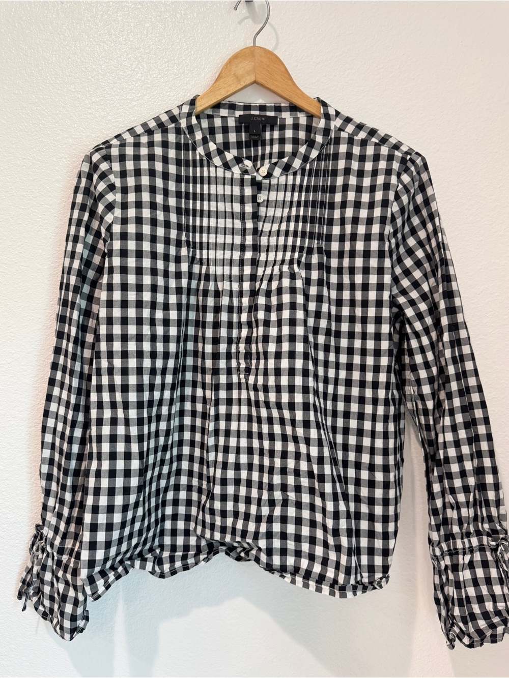 J Crew Gingham Pintuck Popover Blouse Cotton Black White Flared Tie Cuff Top L